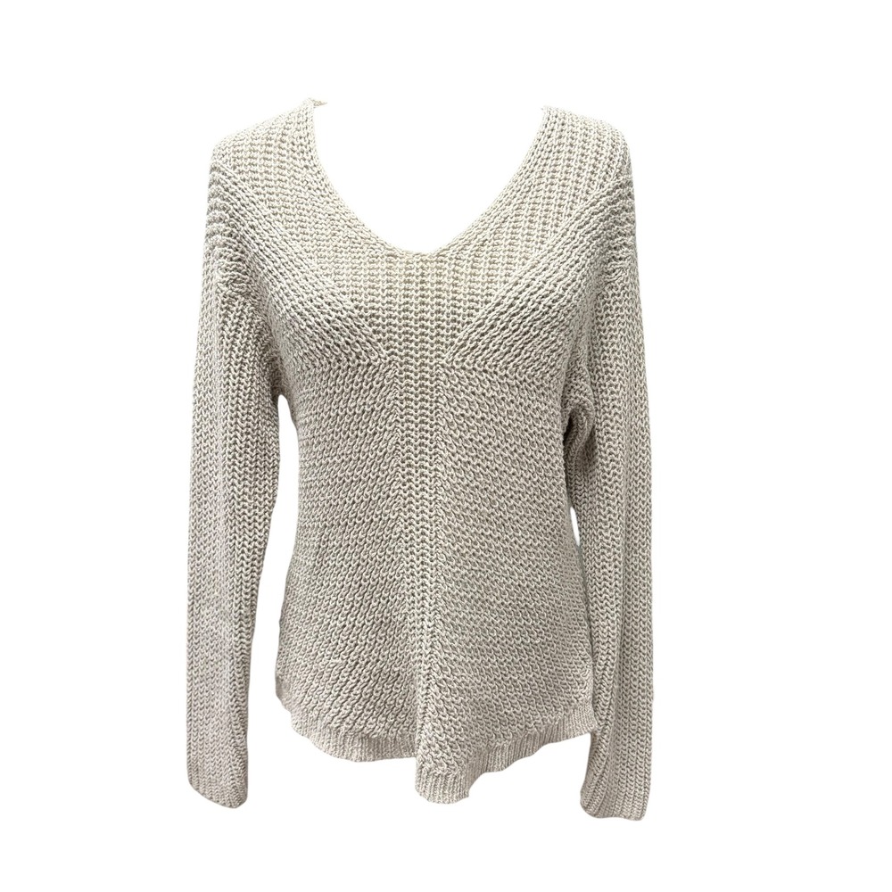 Tommy Bahama Crochet Tunic Sweater Women M Beige V-Neck Shaker Knit Coastal Boho